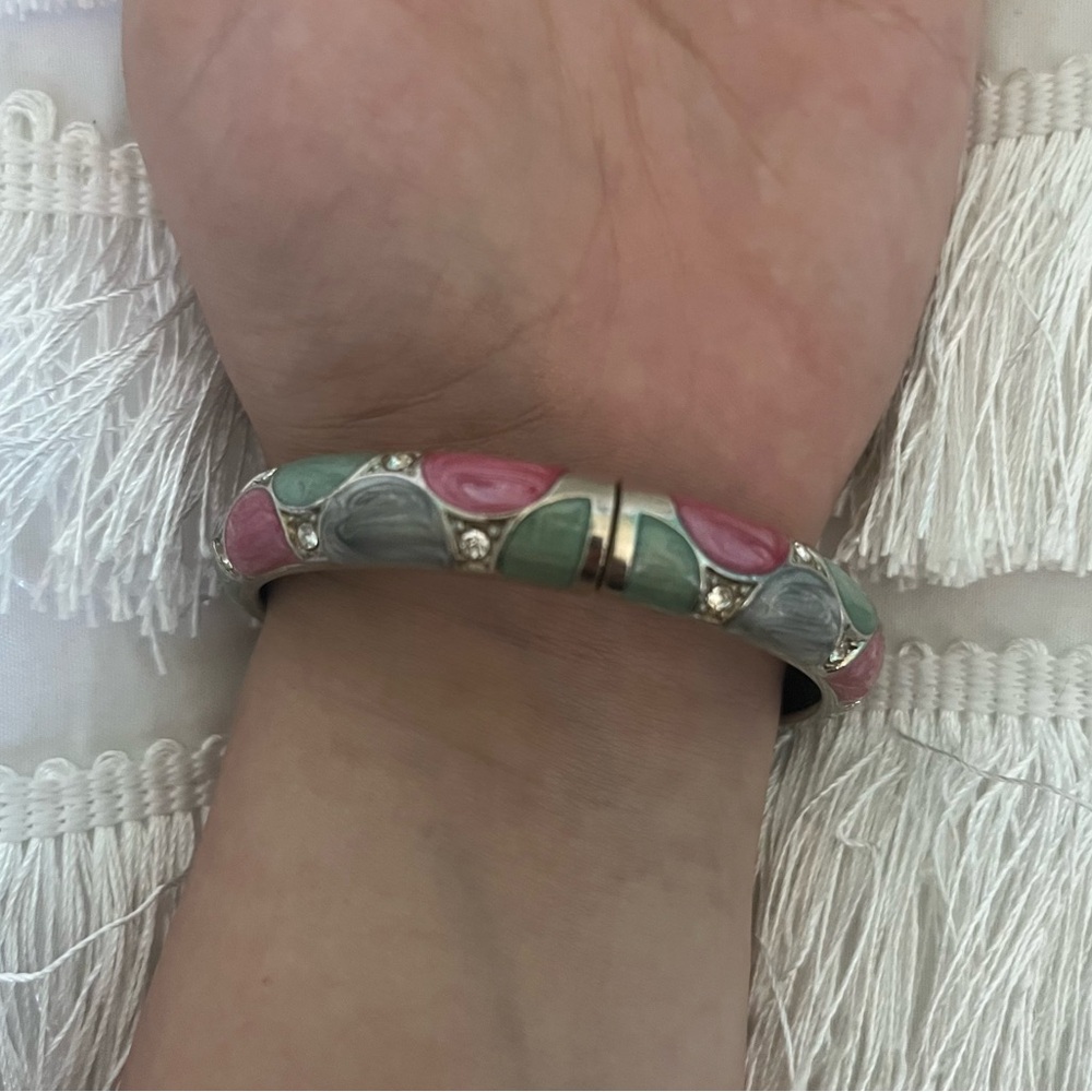 Bracelet Clamper Enamel Silver-Toned  Rhinestone Pink JTF Bracelet Bangle
